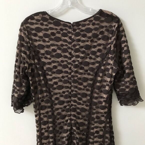 Sara Campbell Womens Shift Midi Dress Brown Geometric Lace 3/4 Sleeve Ruffle 12 - Picture 5 of 9